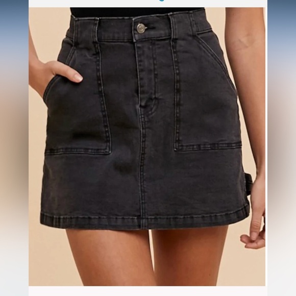 AnnieWear Cargo Denim Mini Skirt Washed Black Stretch High Rise Womens Size L - Picture 2 of 13